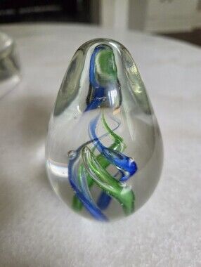 Clear Glass Paperweight with Blue & Green Swirl